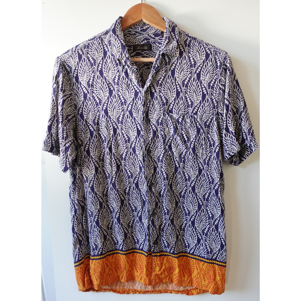 Tasso Elba Shirt Mens Small Blue White Leaf Print Silk Rayon Short Sleeve Casual